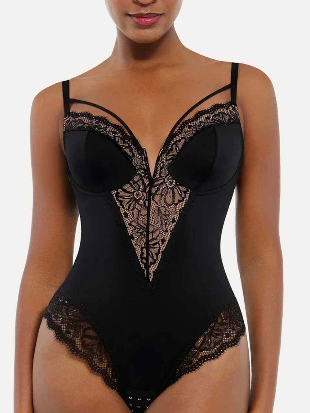 Black Lace V-Front Shaping Bodysuit by